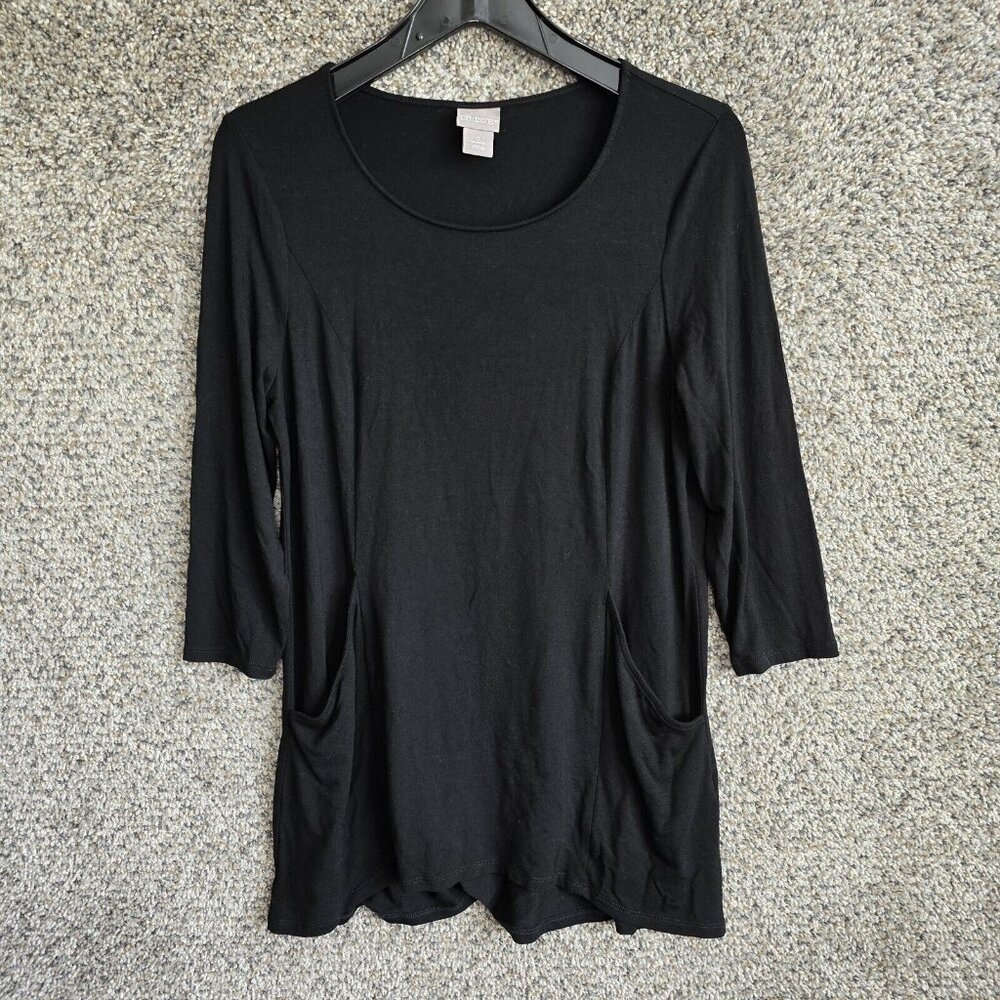Chicos Top Womens 0 US Small Black Tunic Pockets Scoop Neck Stretch Rayon Ladies